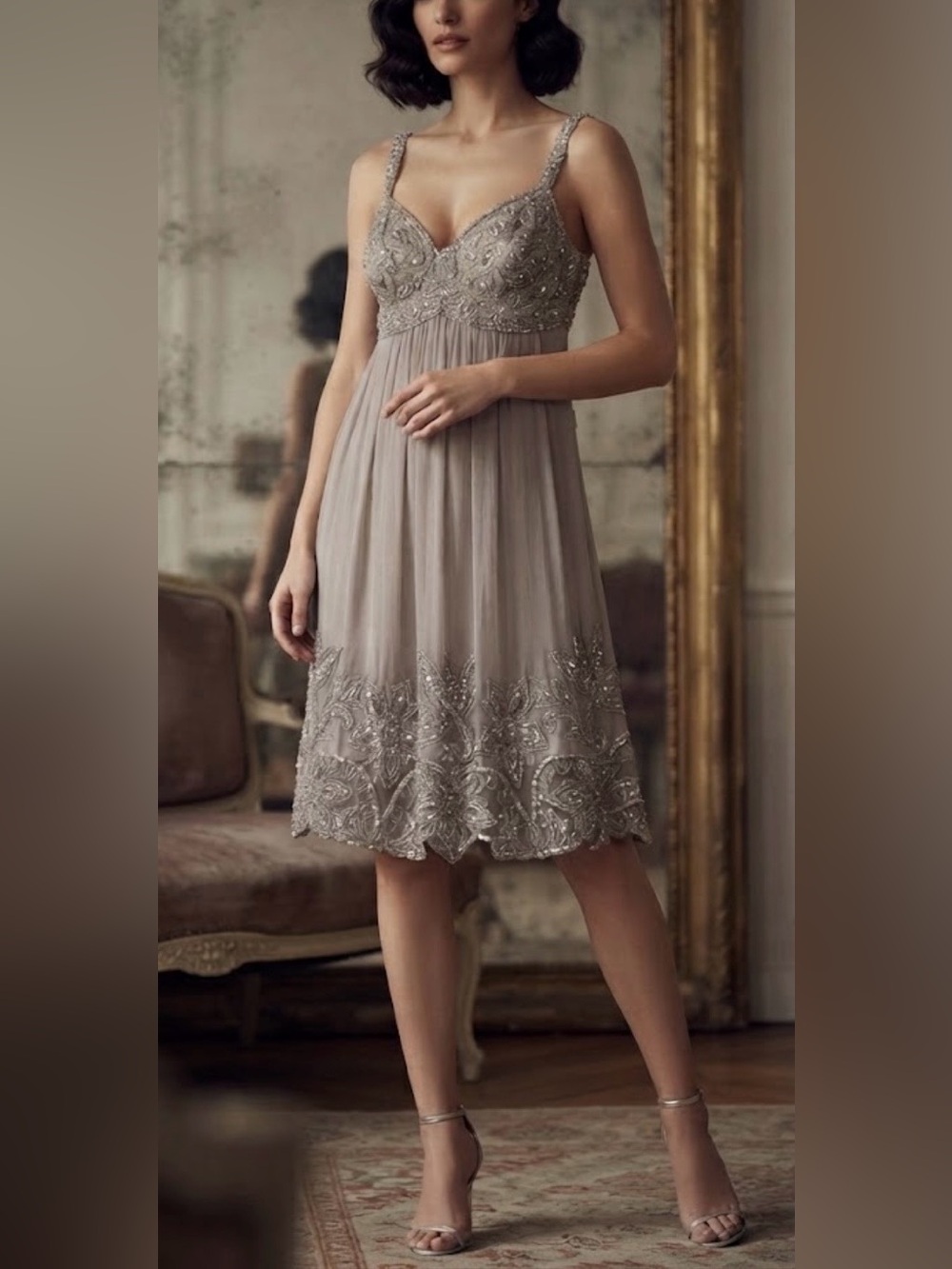 STÉNAY silk babydoll cocktail silver embellished pleated sleeveless NEW size 14